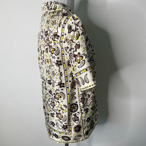 Tory Burch Women's White Brown Button Down Short Sleeve Pattern Shirt Silk 0 - Picture 3 of 10